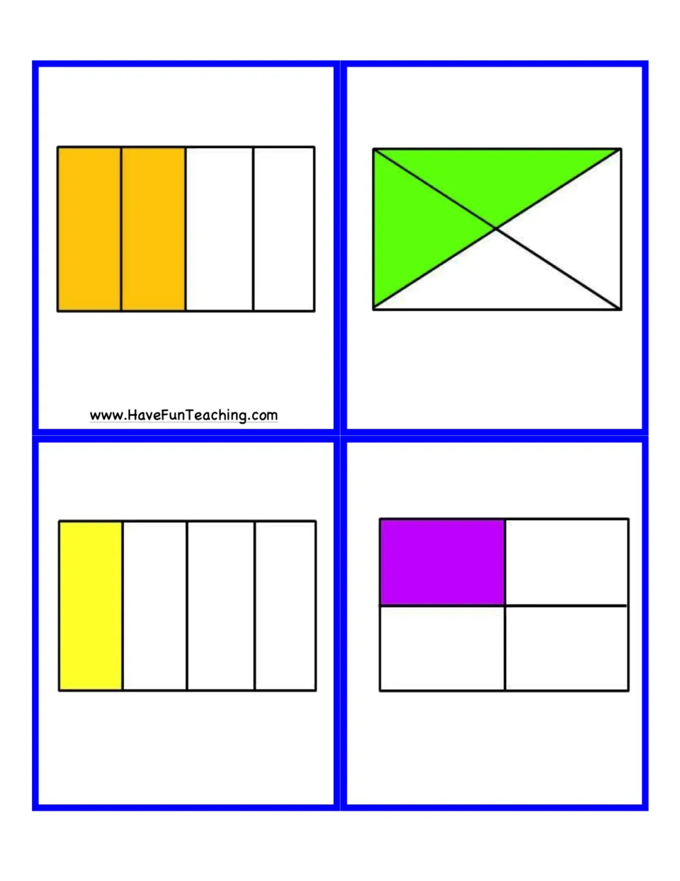 Fraction game cards 21–24: two rectangles showing one half and two showing one fourth in different partitions