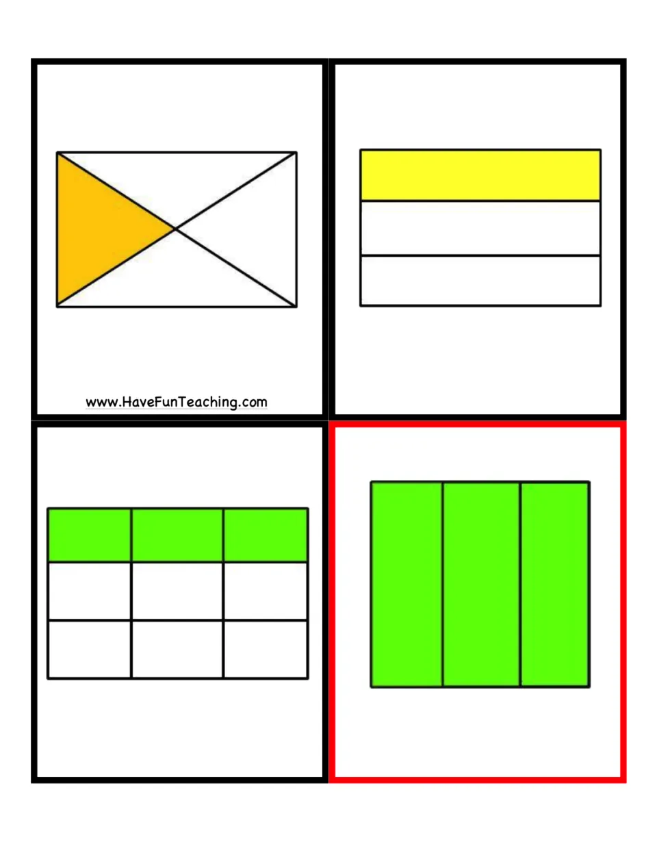 Fraction game cards 25–28: rectangles showing 1/4, 1/3, and 3/9, followed by a fully colored square