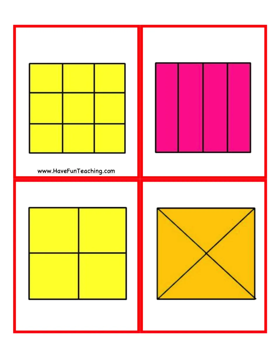 Fraction game cards 29–32: four fully colored squares divided into nine parts or four parts to show wholes