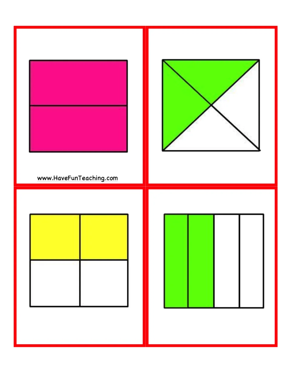 Fraction game cards 33–36: one fully colored square and three squares showing one half as two of four parts