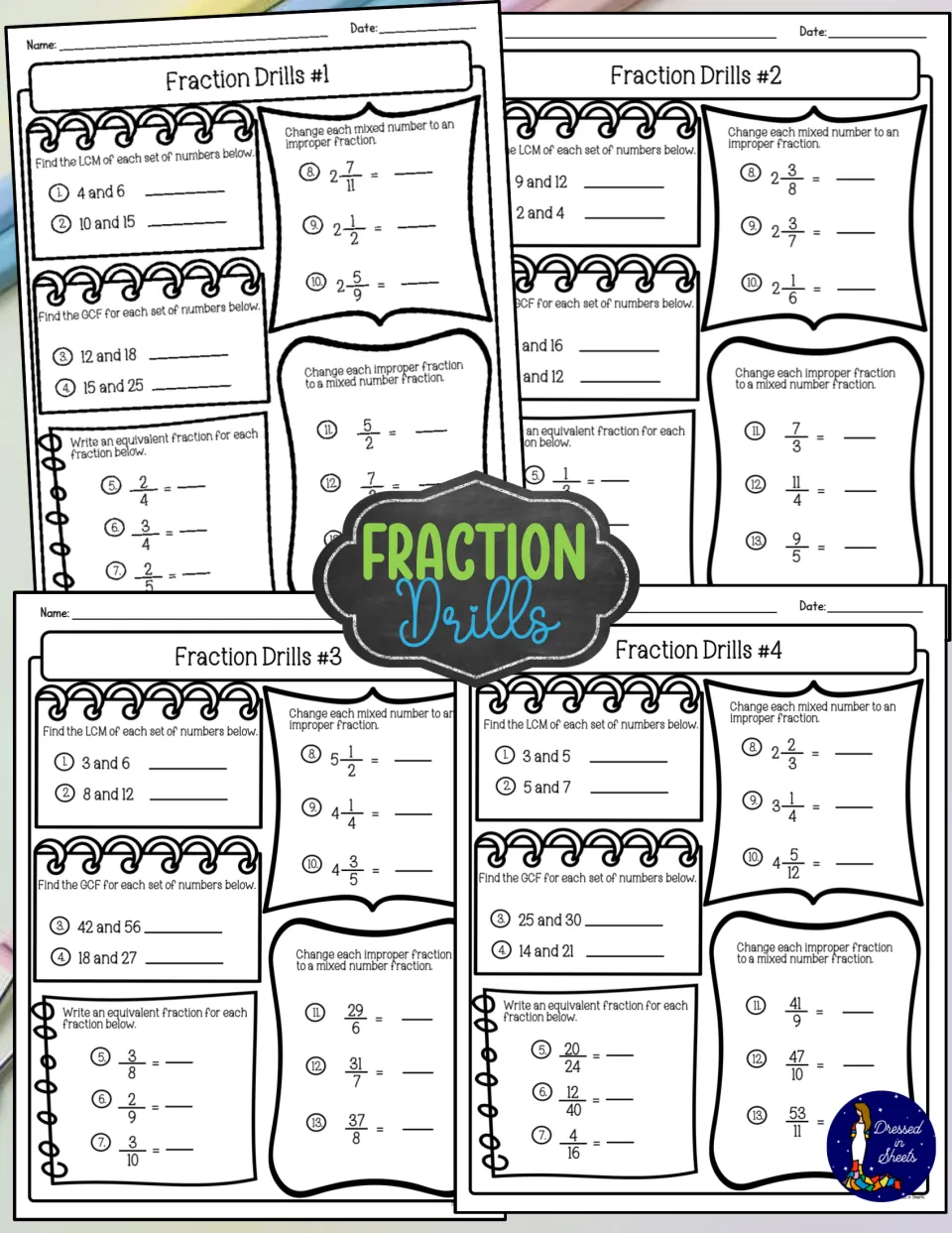 Fraction Drills cover: four practice sheets on LCM, GCF, equivalent fractions and converting mixed and improper fractions