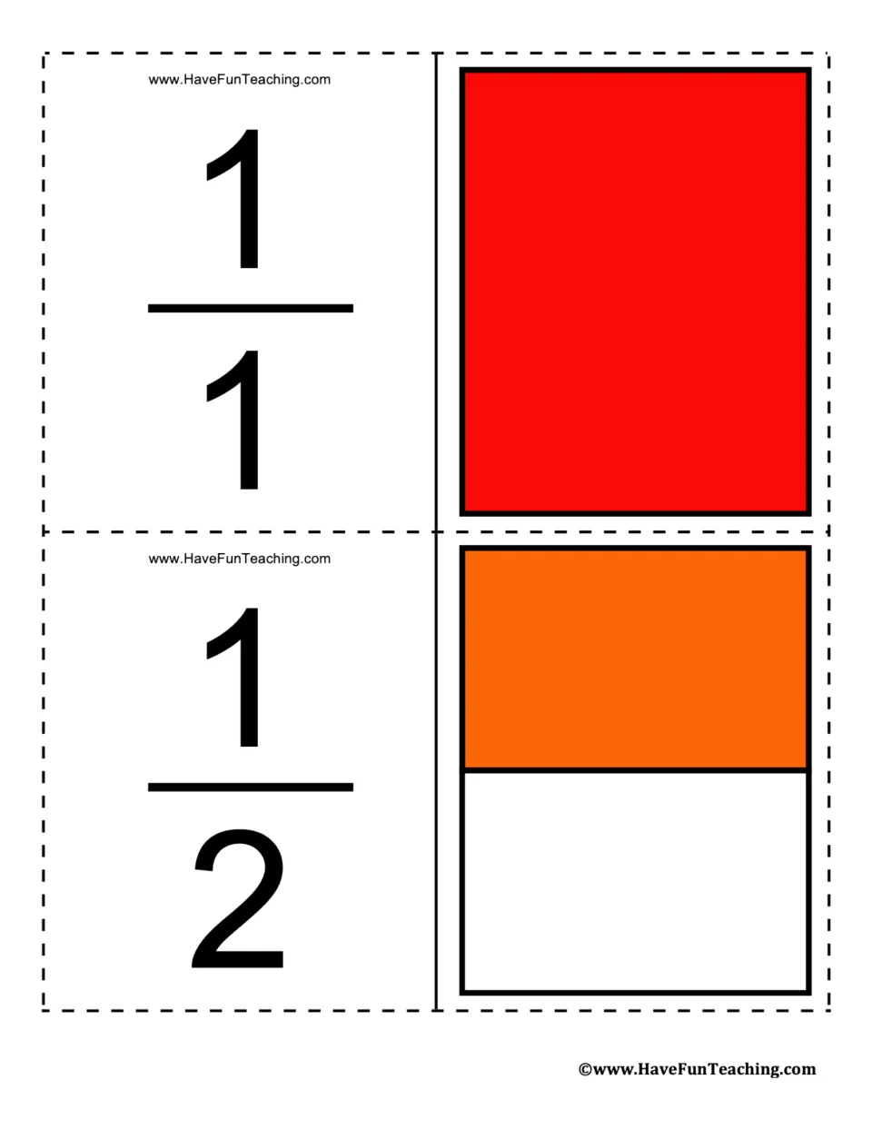 Fraction flashcards for 1/1 and 1/2, showing one whole in red and one of two equal parts shaded orange.