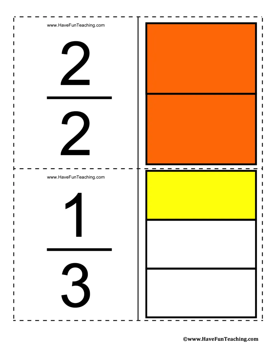 Fraction flashcards for 2/2 and 1/3, showing two halves shaded orange and one of three parts shaded yellow.