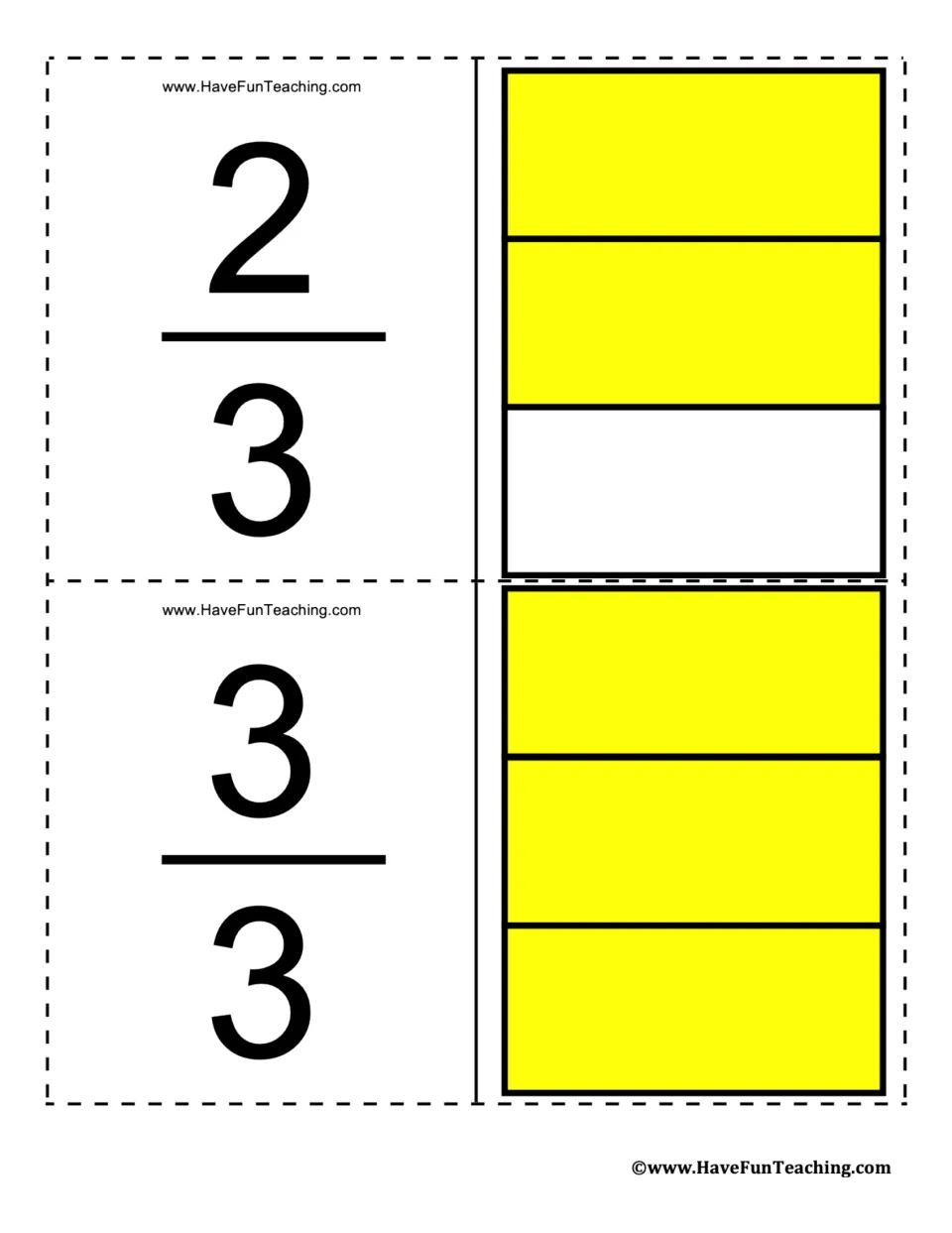 Fraction flashcards for 2/3 and 3/3, showing two of three and all three equal parts shaded yellow.