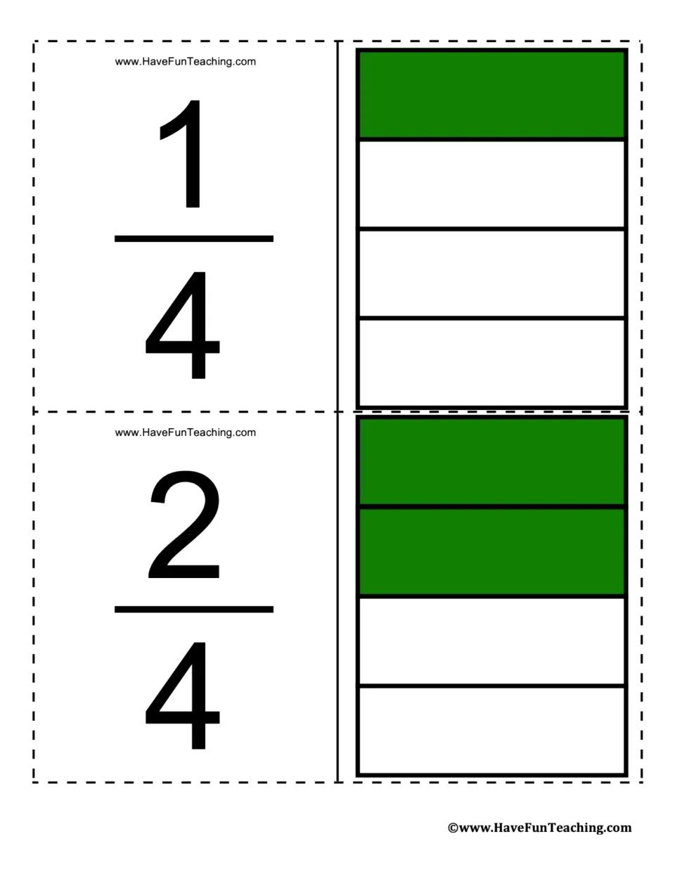 Fraction flashcards for 1/4 and 2/4, showing one of four and two of four equal parts shaded green.