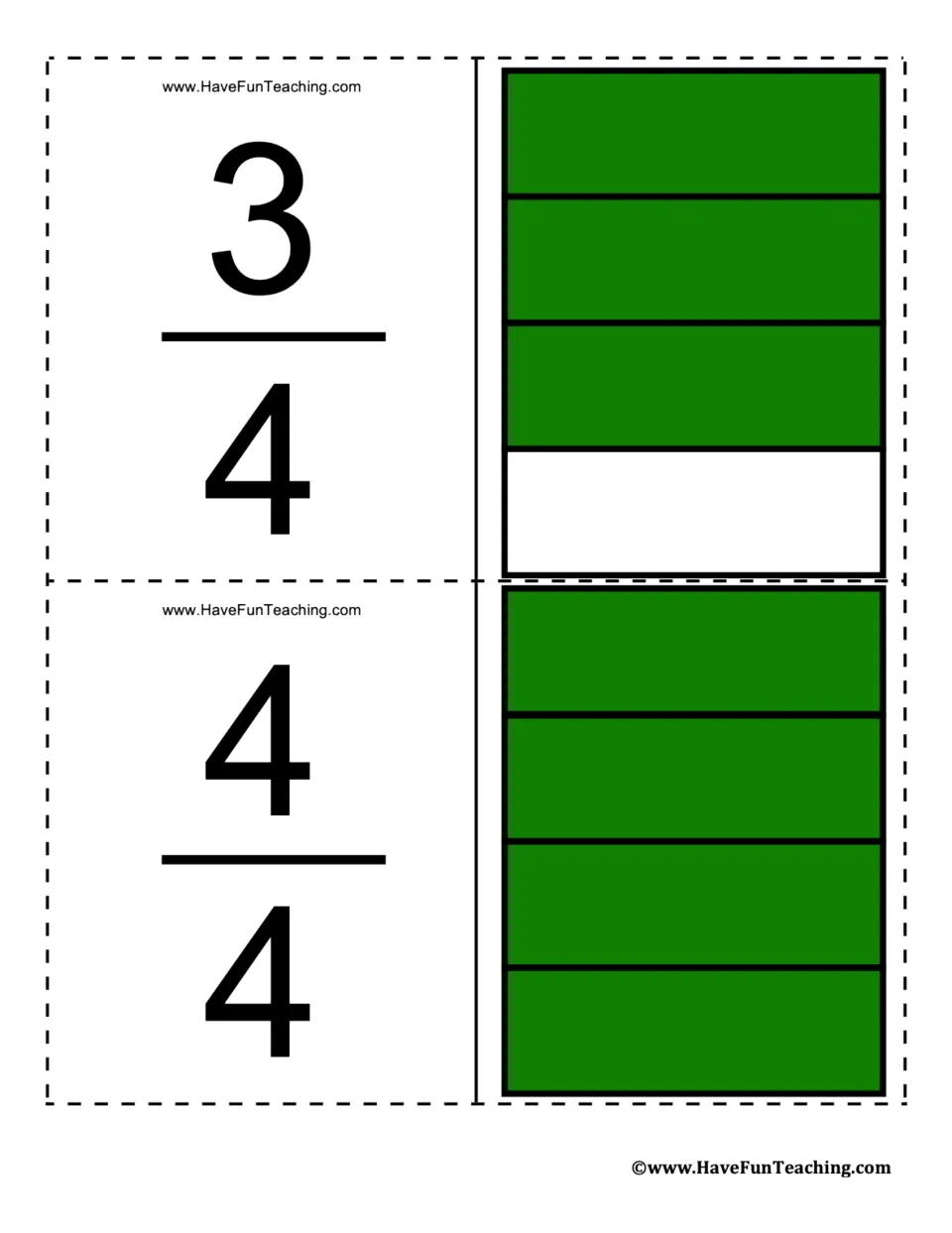 Fraction flashcards for 3/4 and 4/4, showing three of four and all four equal parts shaded green.