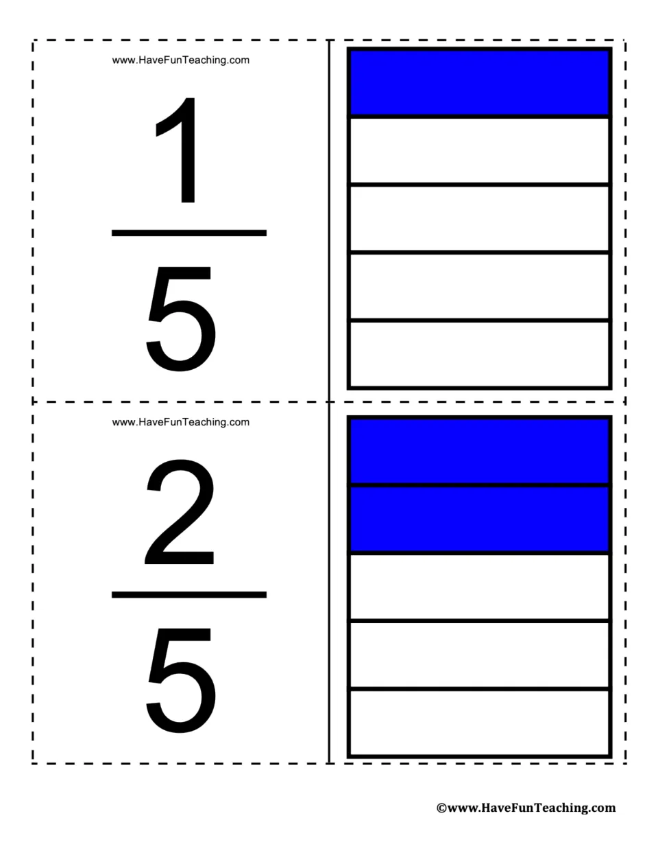 Fraction flashcards for 1/5 and 2/5, showing one of five and two of five equal parts shaded blue.
