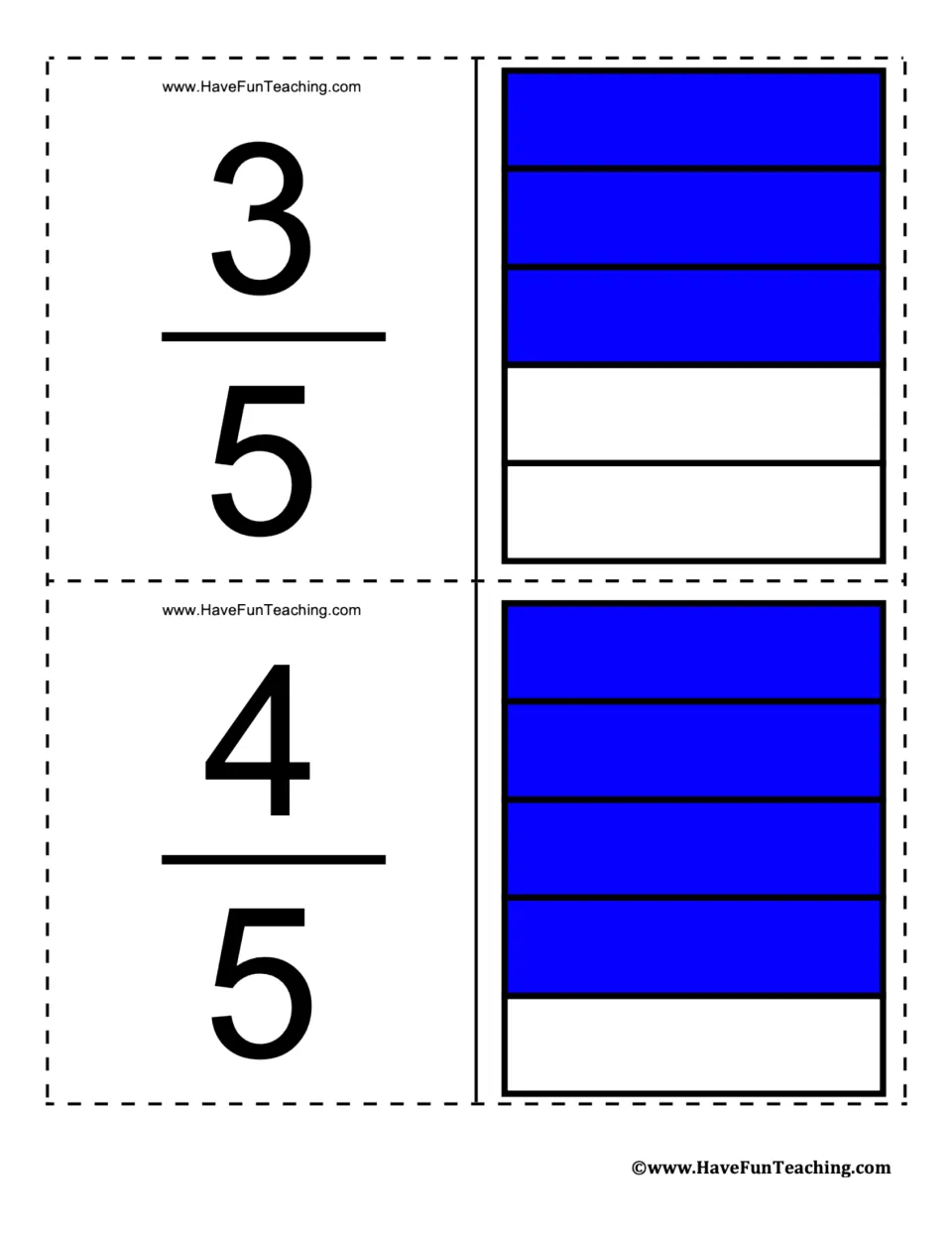 Fraction flashcards for 3/5 and 4/5, showing three of five and four of five equal parts shaded blue.