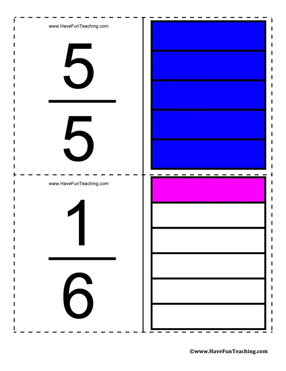 Fraction flashcards for 5/5 and 1/6, showing all five parts shaded blue and one of six shaded magenta.