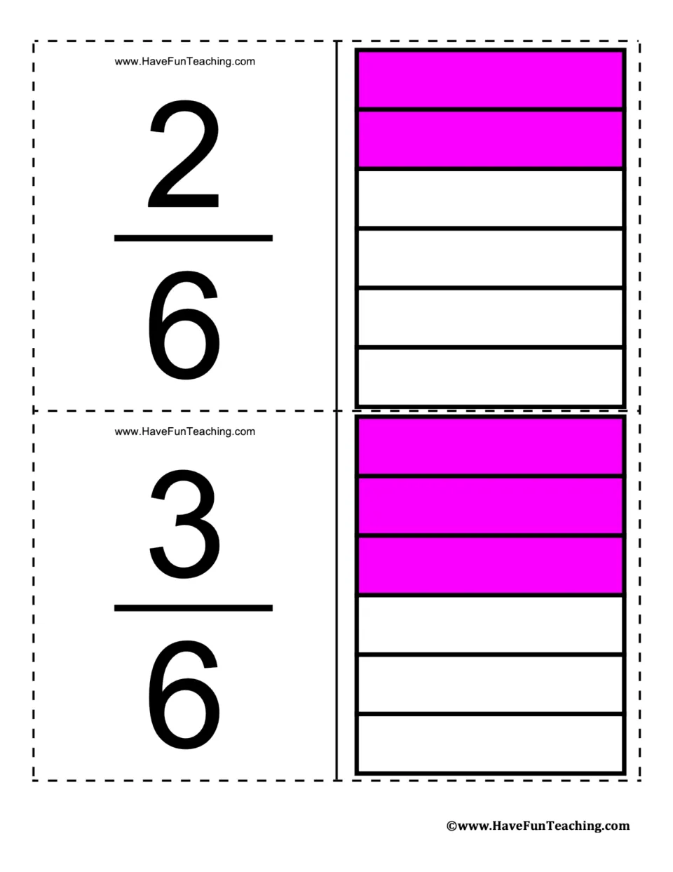 Fraction flashcards for 2/6 and 3/6, showing two of six and three of six equal parts shaded magenta.