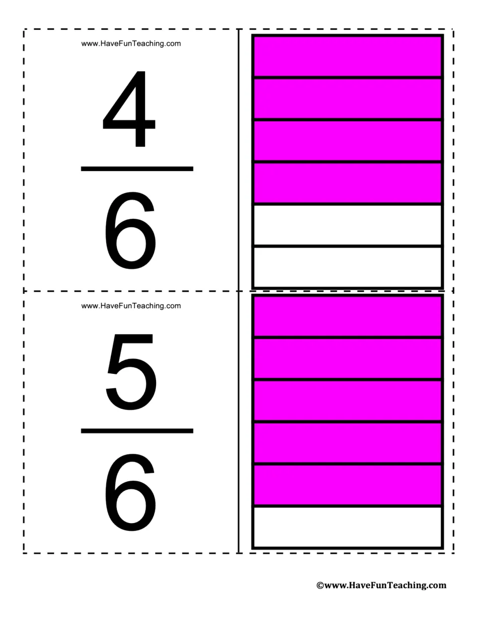 Fraction flashcards for 4/6 and 5/6, showing four of six and five of six equal parts shaded magenta.