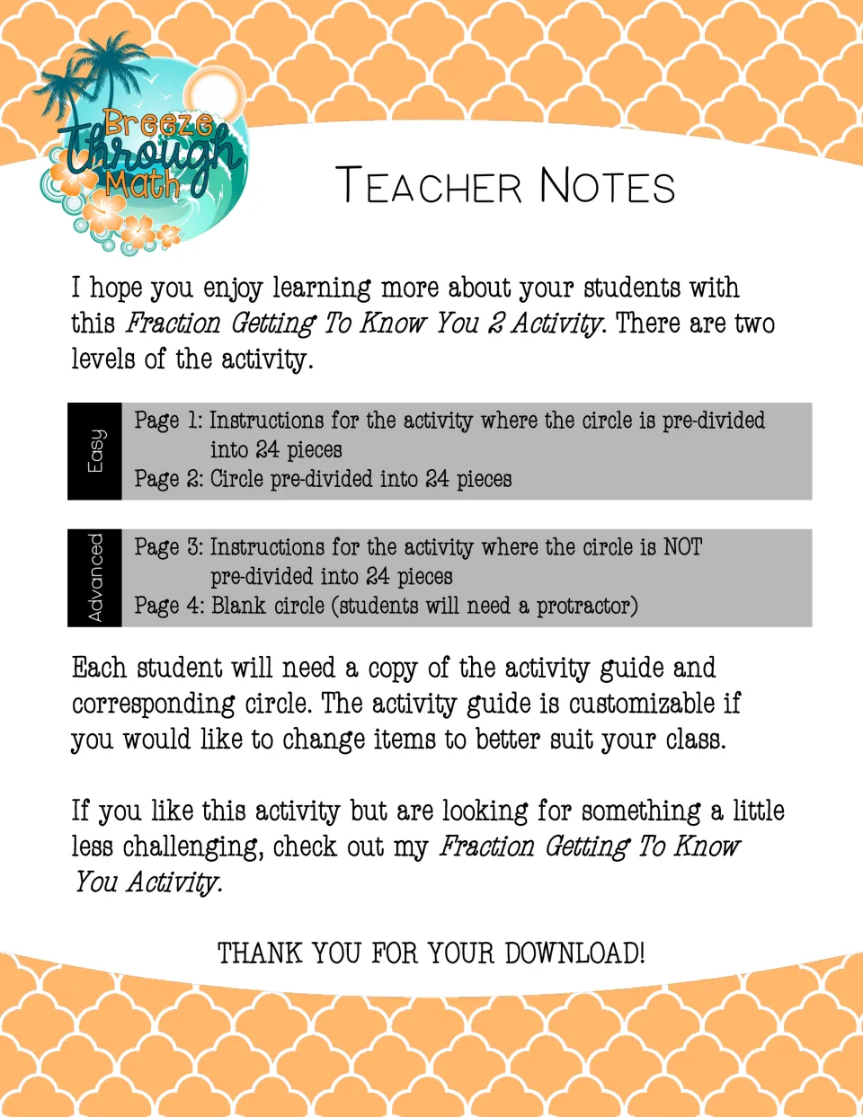 Teacher notes explaining easy and advanced levels: a circle pre-divided into 24 pieces or a blank circle and a protractor