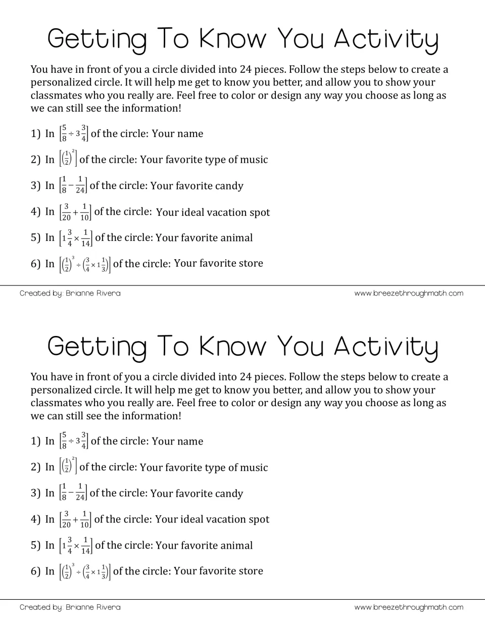 Easy fraction guide: students evaluate six expressions like 5/8 ÷ 3 3/4 to size each personal fact on a 24-piece circle