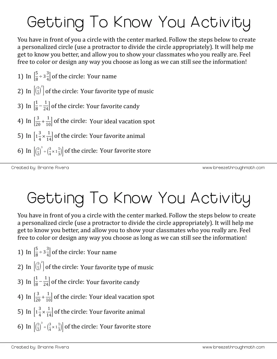 Advanced fraction guide: students evaluate the same six fraction expressions and use a protractor to divide a blank circle