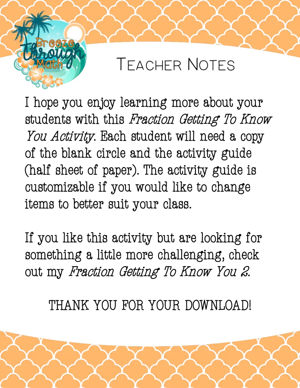 Teacher notes: each student needs the blank circle and the half-sheet activity guide, which can be customized