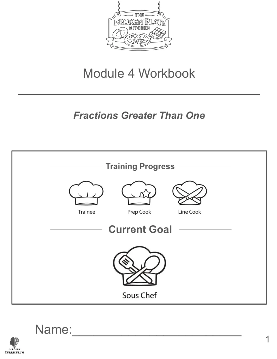 Module 4 workbook cover labeled 'Fractions Greater Than One,' with training progress and a Sous Chef goal