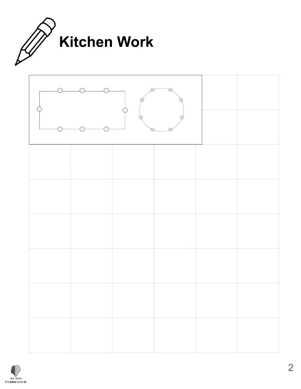 Kitchen Work workspace in the fraction workbook, showing rectangular and circular models marked with dots