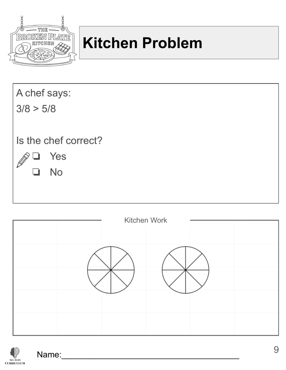 Kitchen Problem asks whether a chef is correct that 3/8 > 5/8, with yes or no choices and two unshaded models