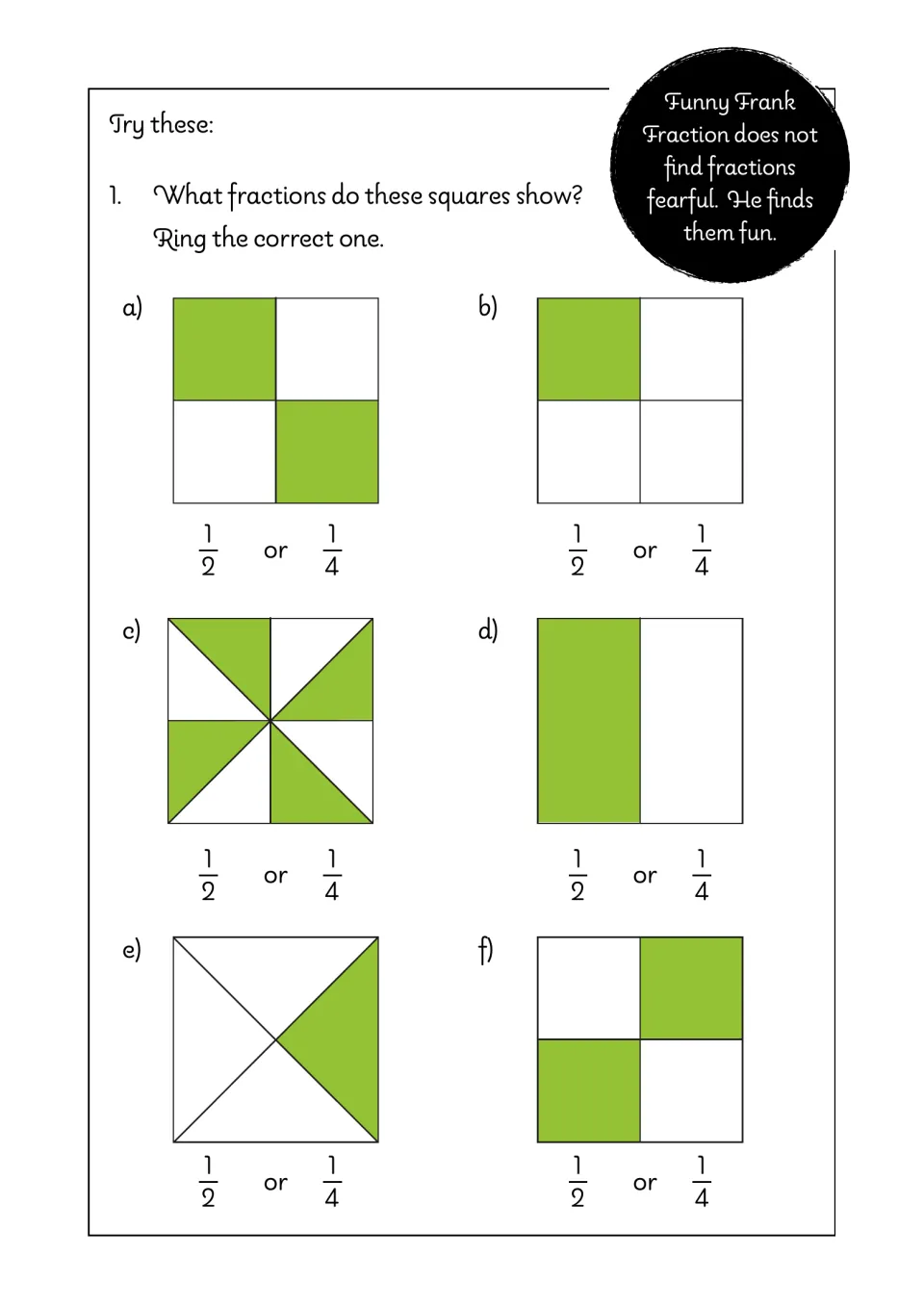 Halves or quarters: students ring 1/2 or 1/4 for six squares split into quarters or triangles with green shaded parts