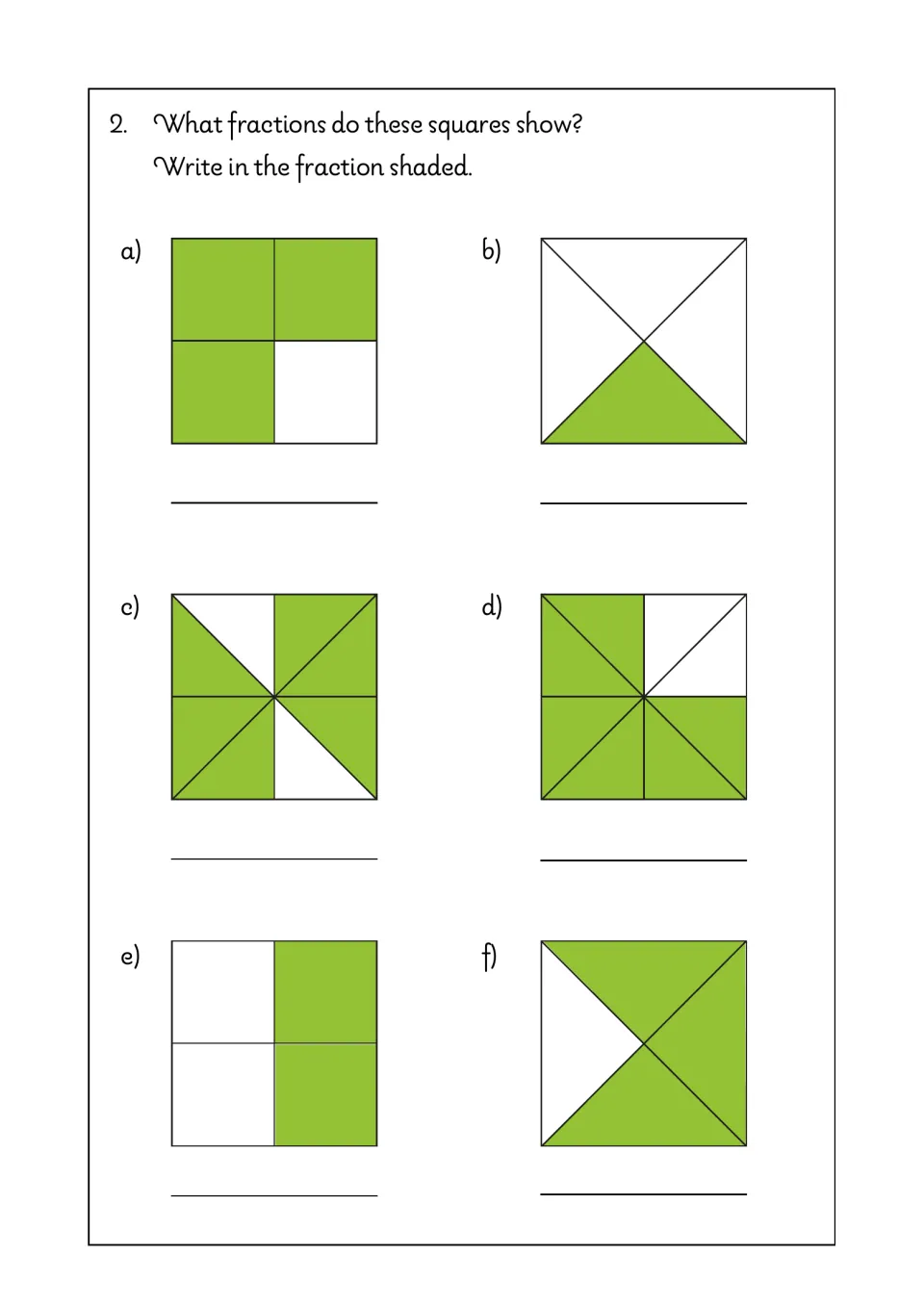 Naming shaded fractions: students write the fraction shaded in six squares cut into quarters or eighths, such as 3/4