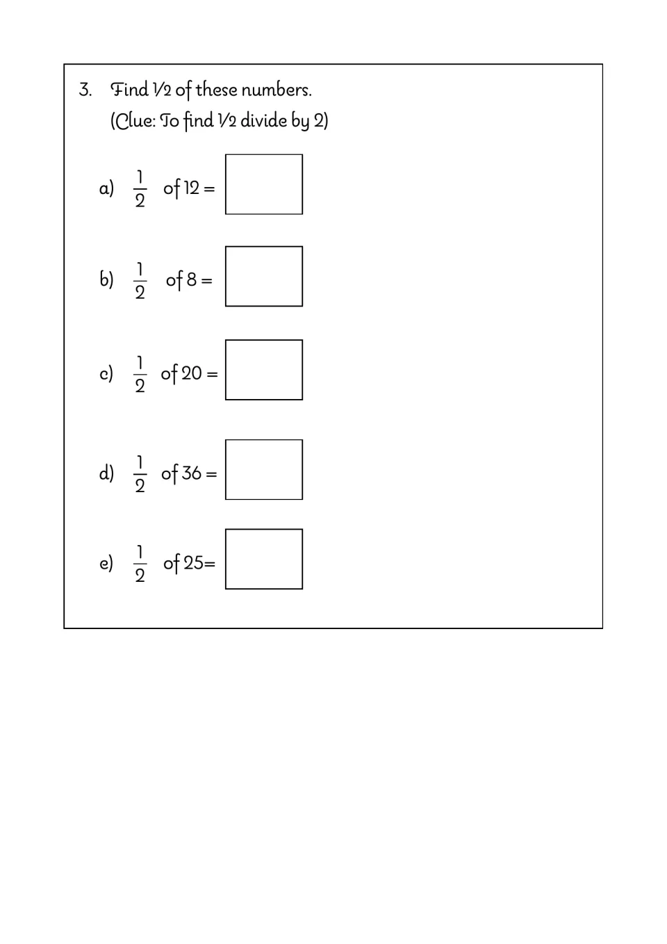 Finding half of a number: students divide 12, 8, 20, 36 and 25 by 2 to find 1/2 of each, with a divide-by-2 clue