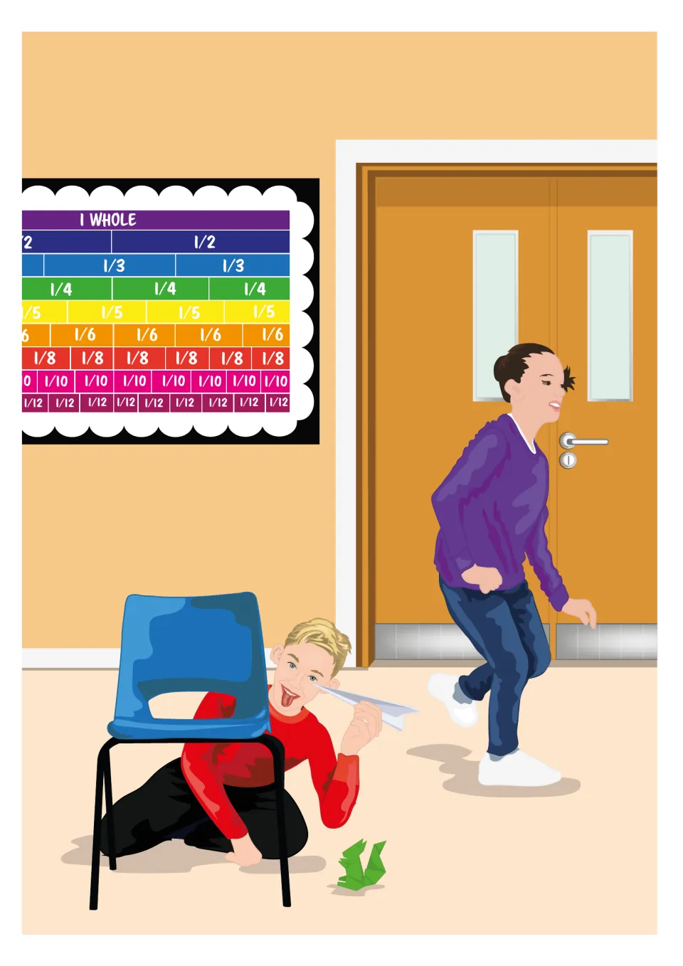 Fraction wall illustration: Funny Frank crouches under a classroom chair with a paper plane below a 1 whole to 1/12 chart