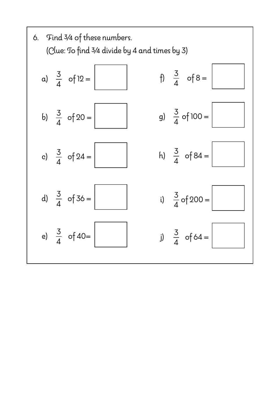 Finding three quarters: 10 items ask for 3/4 of numbers from 8 to 200, using the clue divide by 4 then times by 3