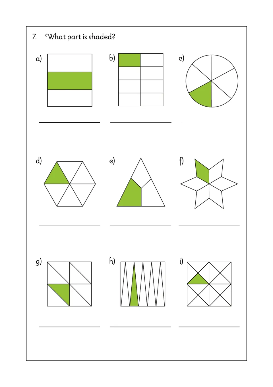 Identifying shaded parts: students name the fraction shaded in nine shapes, including a circle, hexagon, star and triangle