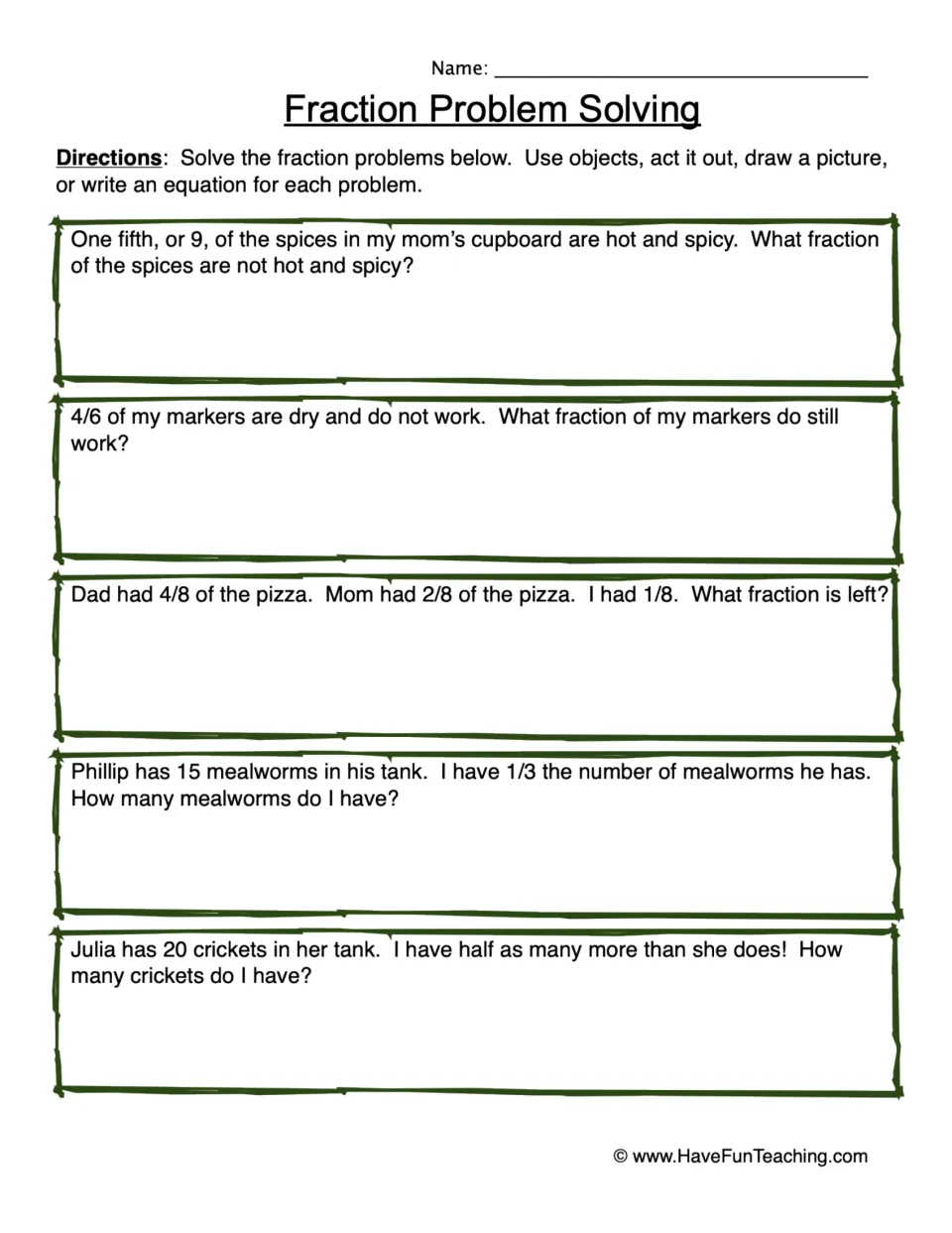 Fraction word problem practice: five problems about spices, markers, pizza, 15 mealworms, and 20 crickets