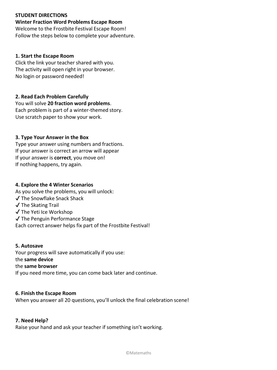 Student directions for the Frostbite Festival: solve 20 fraction problems, type answers, unlock 4 winter scenarios