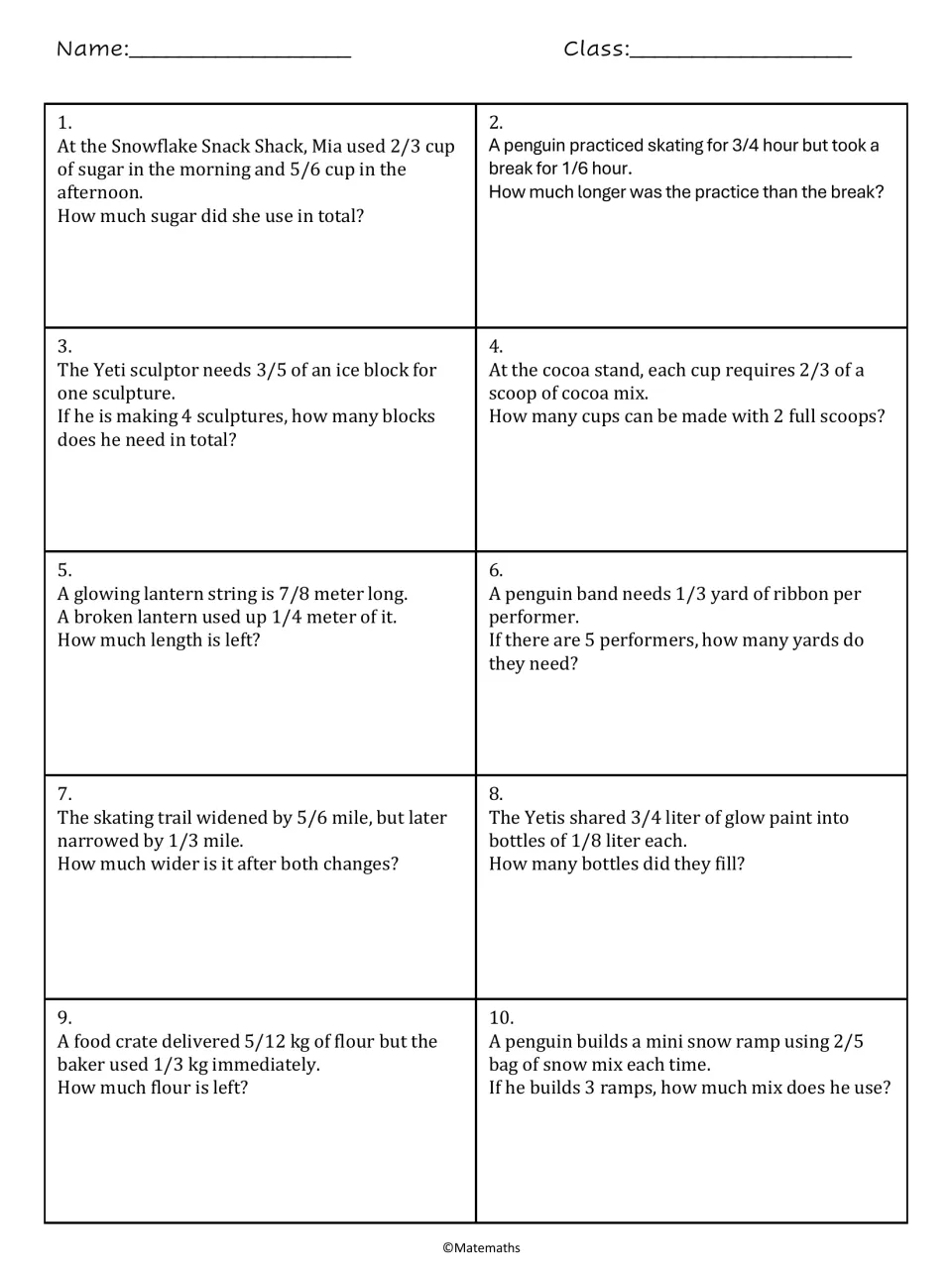 Fraction word problems 1-10: students add, subtract, multiply and divide fractions in winter festival stories
