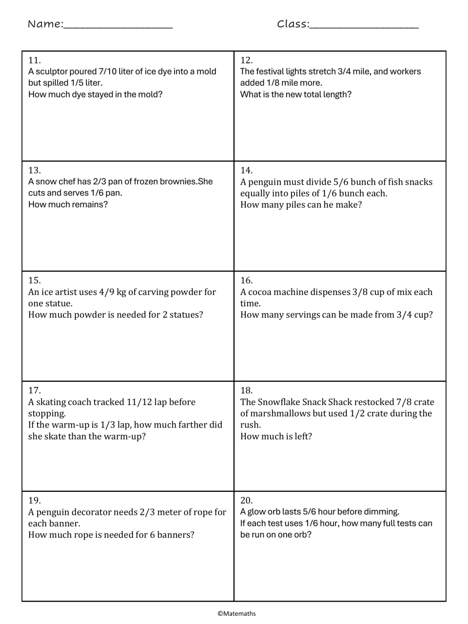 Fraction word problems 11-20: students solve ice dye, cocoa, skating lap and rope stories with all four operations