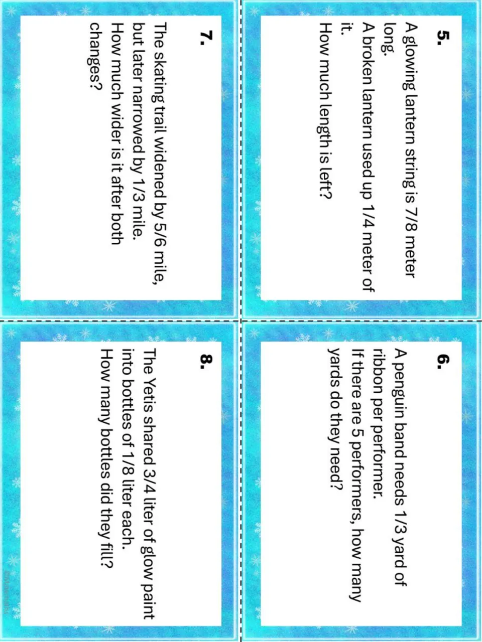 Task cards 5-8: fraction problems on a lantern string, ribbon for a penguin band, a skating trail and glow paint bottles