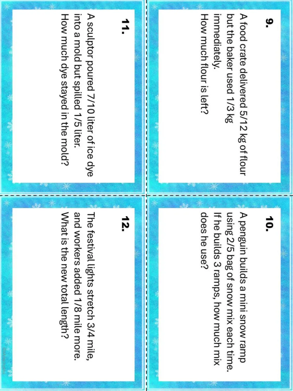 Task cards 9-12: fraction problems about flour left in a crate, snow ramp mix, spilled ice dye and festival lights length