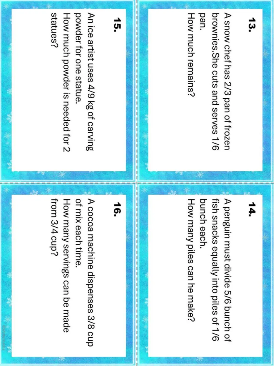 Task cards 13-16: fraction problems on frozen brownies, fish snack piles, carving powder for statues and cocoa servings