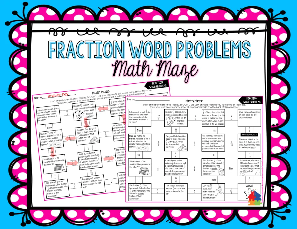 Fraction Word Problems Math Maze cover showing the 16-problem maze worksheet and its answer key with red path arrows