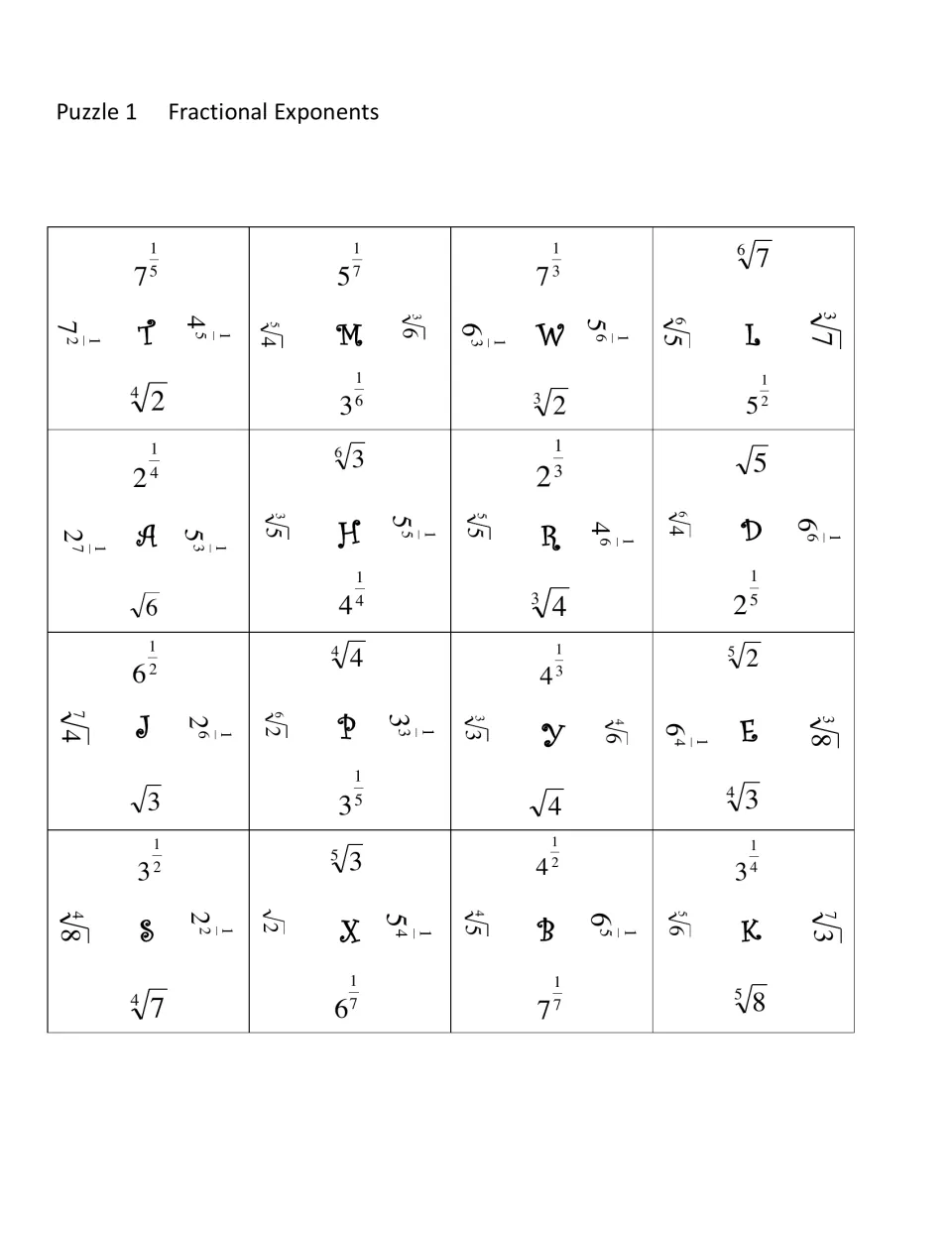 Puzzle 1: students match unit fraction exponents to radicals, such as 7^(1/5) with the fifth root of 7, across 16 pieces