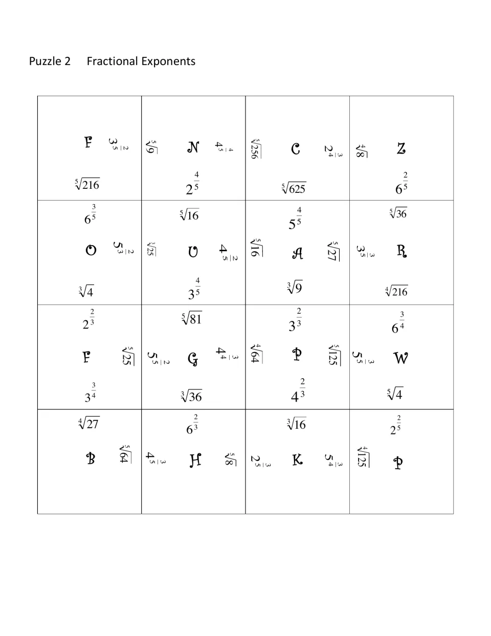 Puzzle 2: students match powers like 3^(2/5) to radicals like the fifth root of 9 to rebuild a 16-piece square puzzle