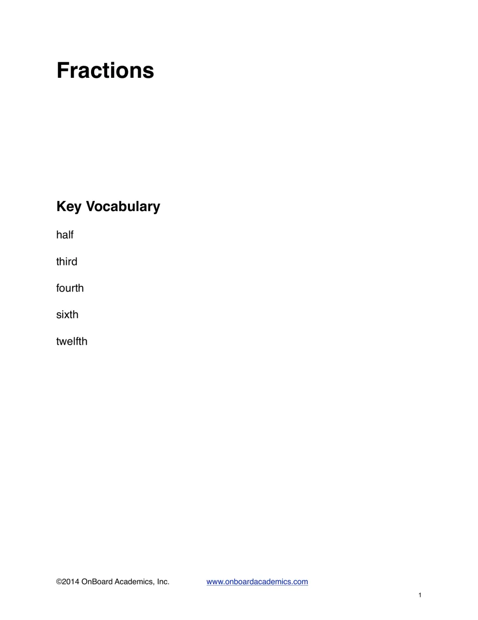Fractions key vocabulary list introducing the unit words half, third, fourth, sixth and twelfth for students to learn