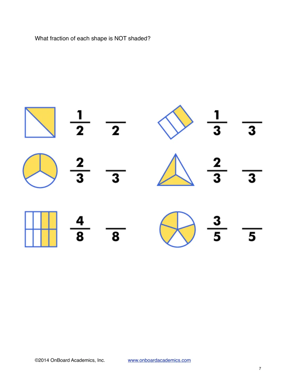 Unshaded fractions: beside each shape's shaded fraction, such as 1/2 or 3/5, students write the part that is NOT shaded