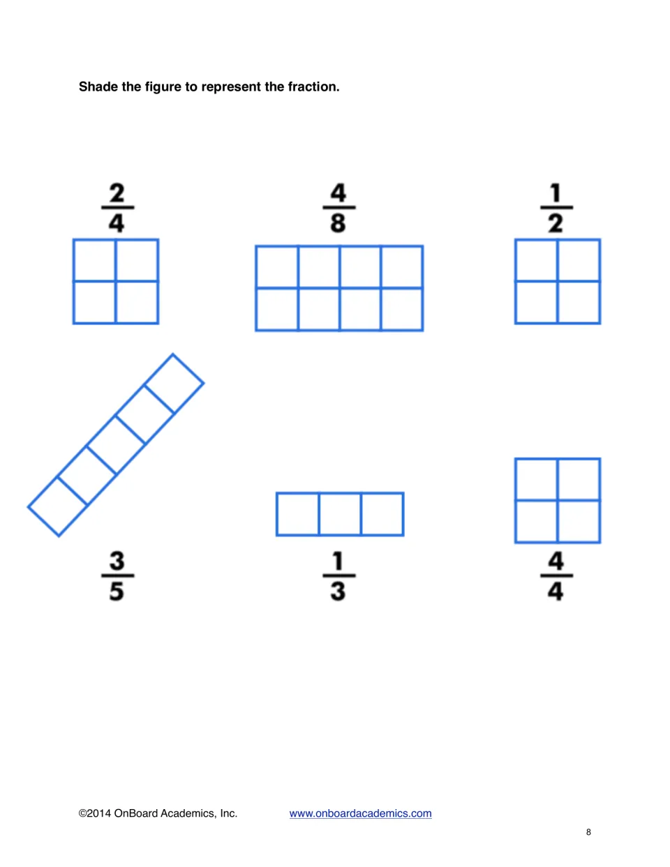 Modeling fractions: students shade parts of six figures to show 2/4, 4/8, 1/2, 3/5, 1/3 and 4/4