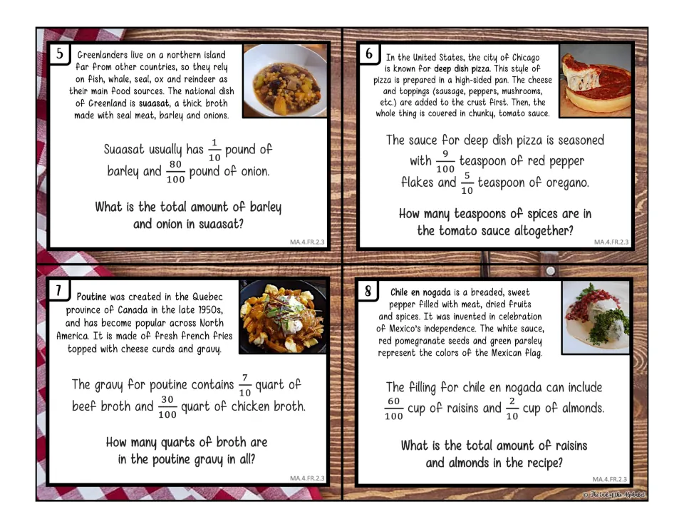 Adding tenths and hundredths: cards 5-8 total barley and onion, pizza spices, poutine broth and chile en nogada filling