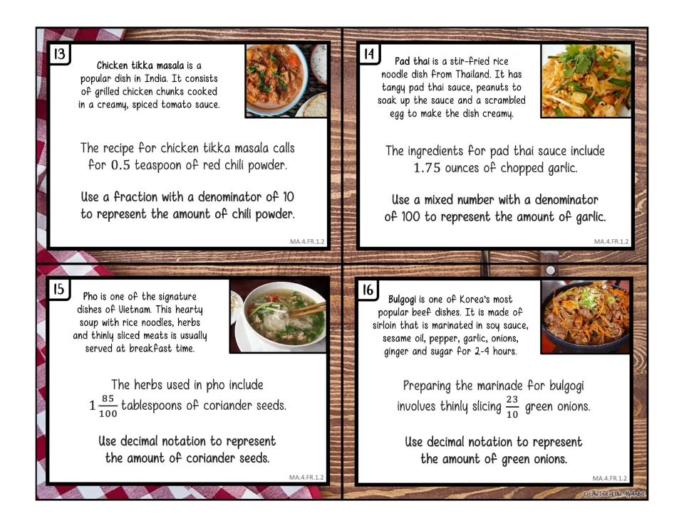 Decimals and mixed numbers: cards 13-16 convert amounts for tikka masala, pad thai, pho and bulgogi recipes