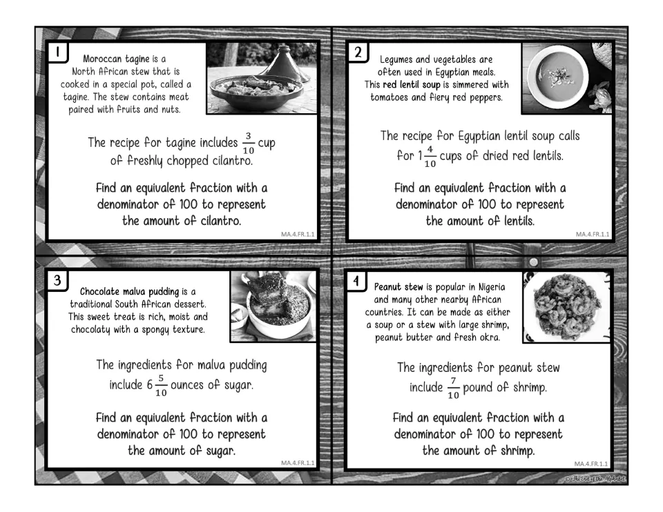 Black-and-white cards 1-4: rewrite recipe tenths such as 3/10 cup cilantro and 7/10 pound shrimp as hundredths