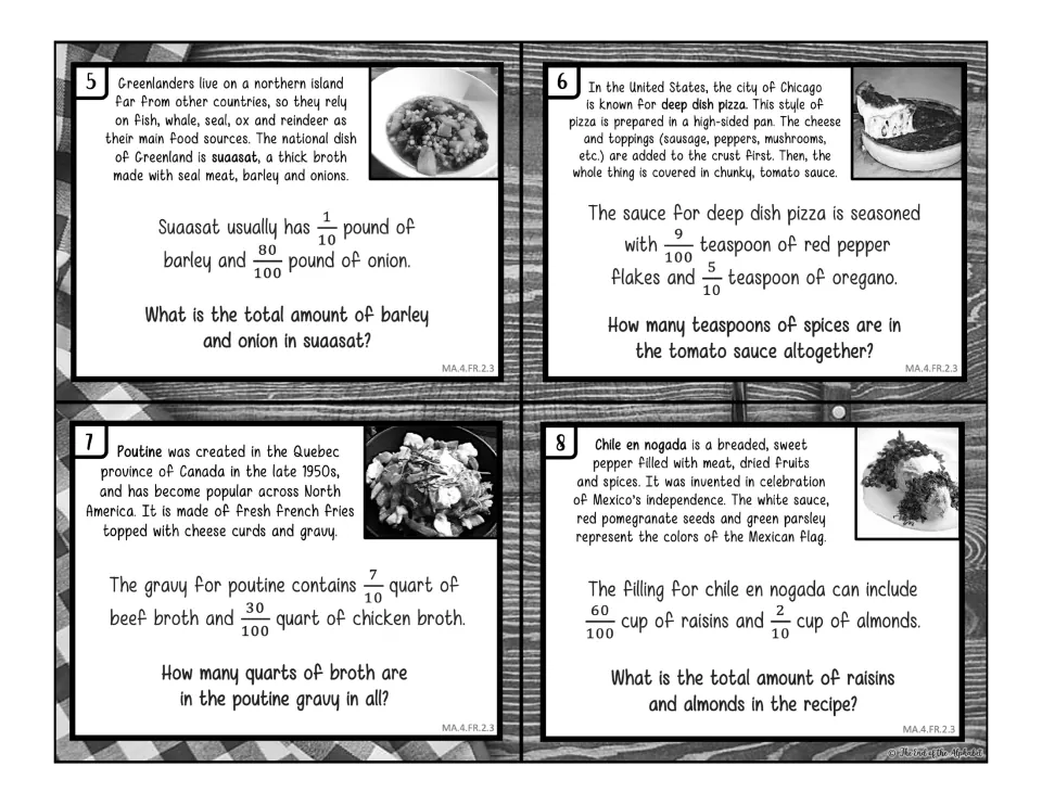 Black-and-white cards 5-8: add tenths and hundredths, such as 7/10 quart beef broth plus 30/100 quart chicken broth