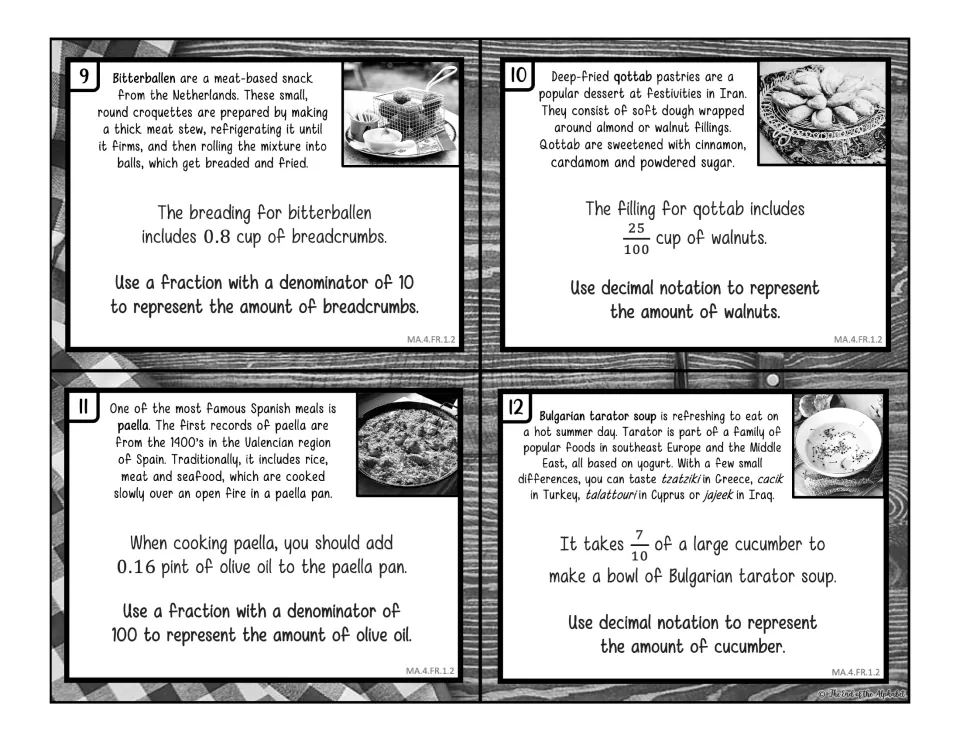 Black-and-white cards 9-12: switch between decimals and fractions, like 0.16 pint olive oil as a fraction over 100