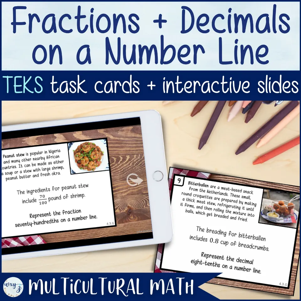Cover for Fractions & Decimals on a Number Line, featuring TEKS task cards and interactive slides