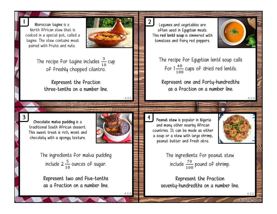 Color task cards 1–4 ask students to plot recipe fractions 3/10, 1 40/100, 2 5/10, and 70/100 on number lines