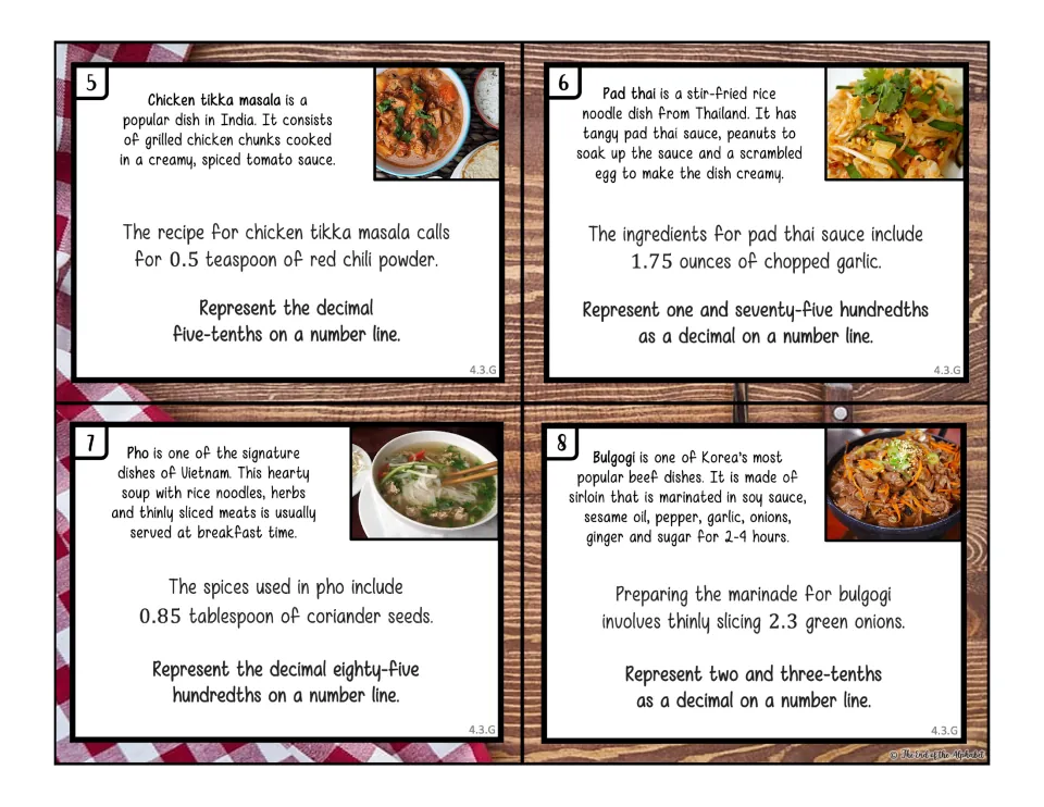 Color task cards 5–8 ask students to plot recipe decimals 0.5, 1.75, 0.85, and 2.3 on number lines