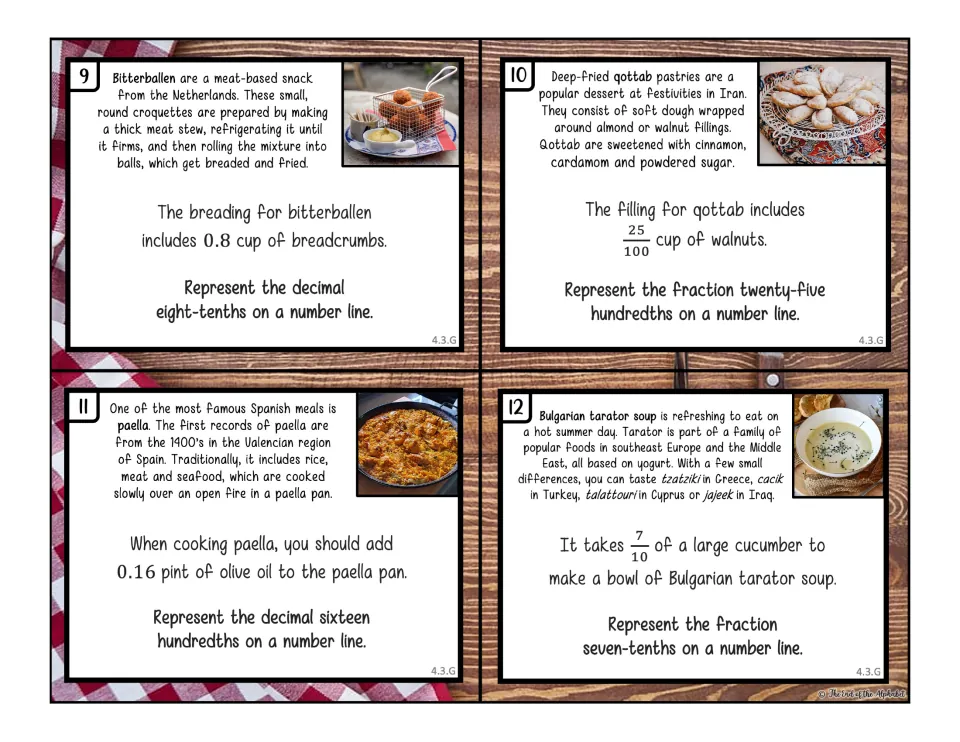 Color task cards 9–12 ask students to plot recipe values 0.8, 25/100, 0.16, and 7/10 on number lines